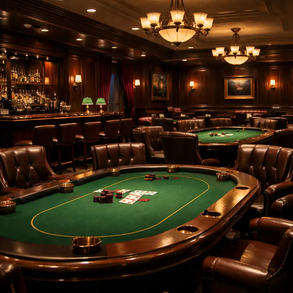 Stół do pokera z zielonym suknem i żetonami jako rekwizytami w eleganckim casino lounge