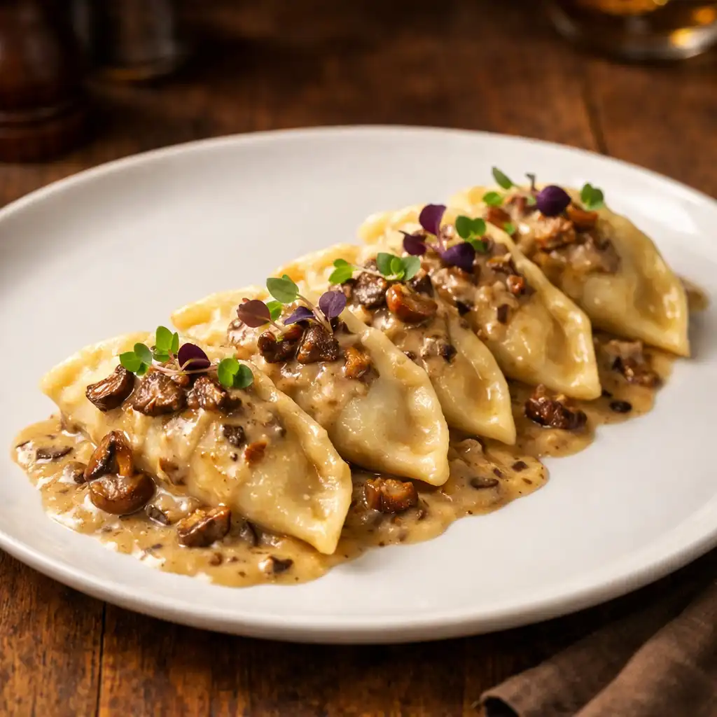 Pierogi z kaczką i borowikami polane sosem borowikowym