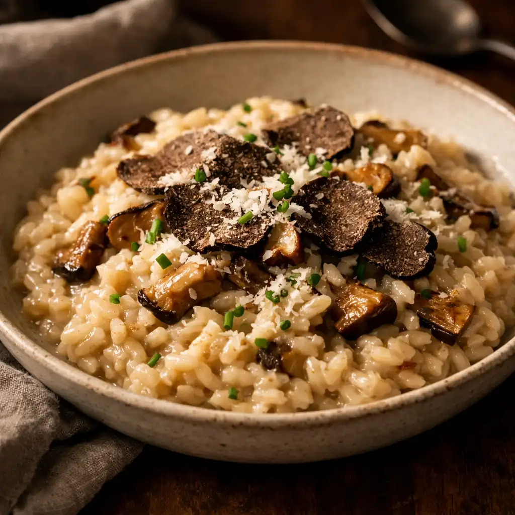 Risotto z borowikami i truflą w płytkiej misce, posypane parmezanem
