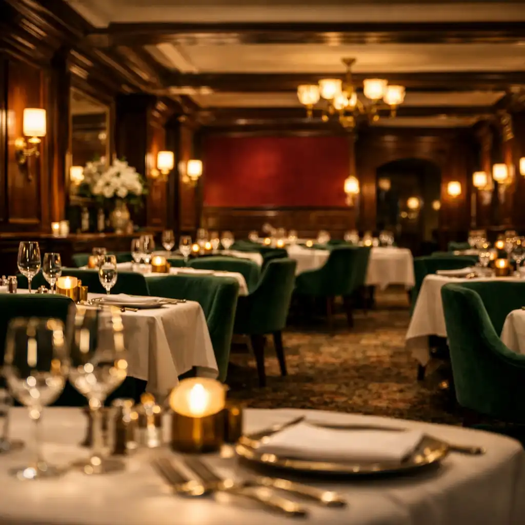 Eleganckie wnętrze restauracji Vuqene Rano z ciemnymi panelami orzechowymi, kremowymi obrusami i szmaragdowymi krzesłami