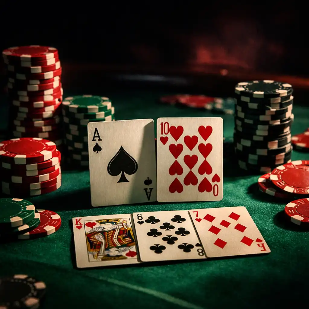 Stół pokerowy z kartami i żetonami w klimatycznym świetle