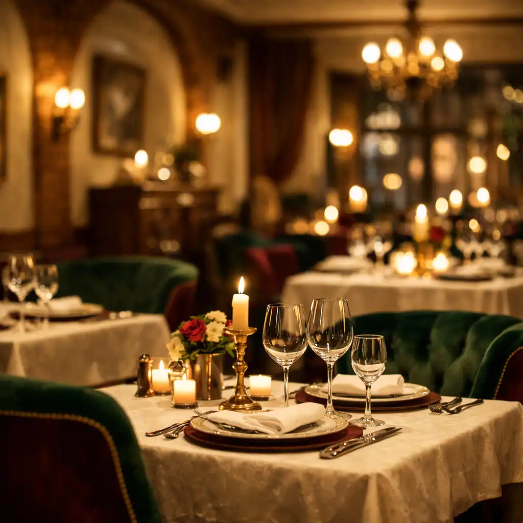 Eleganckie wnętrze restauracji Vuqene Rano w ciepłym świetle świec