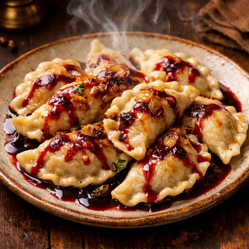 Pierogi z gęsiną z karmelizowaną cebulą i redukcją z czerwonego wina