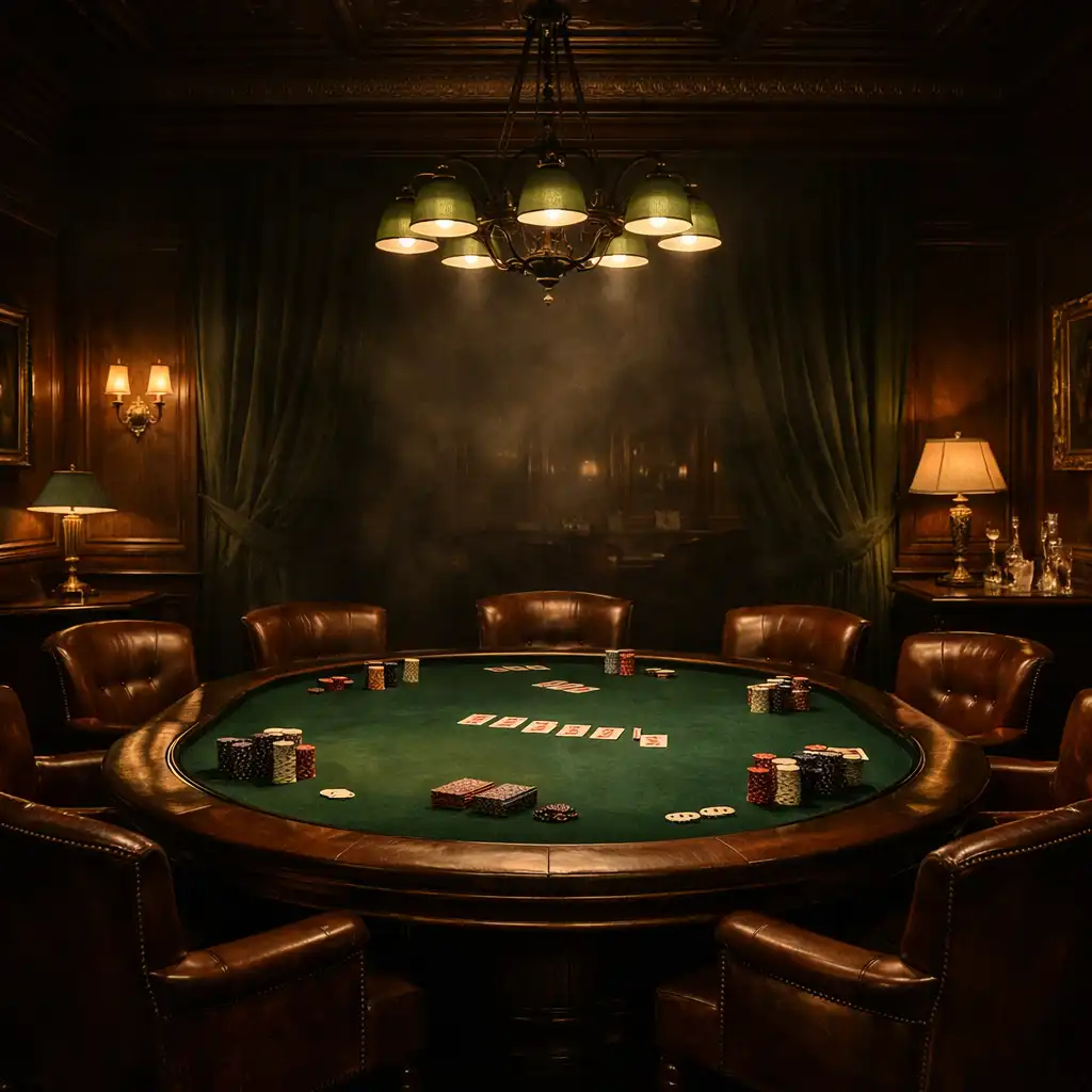 Elegancka sala pokerowa Vuqene Rano z zielonym suknem i ciepłym, kinowym światłem