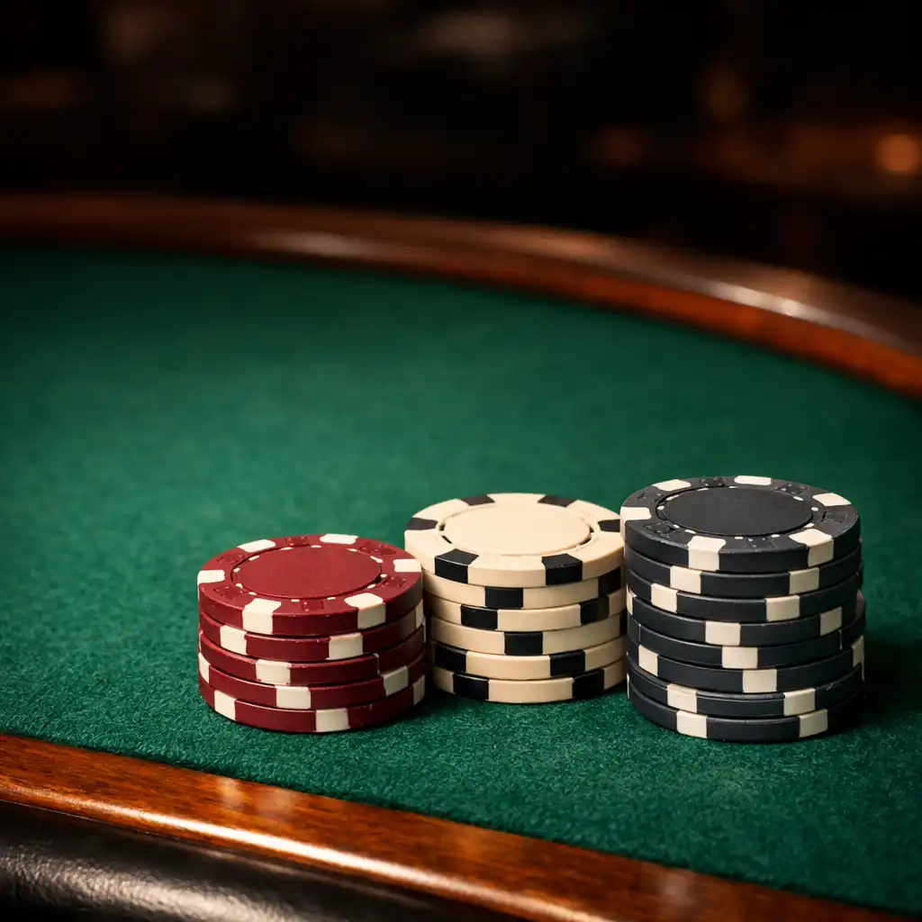 Detal stołu pokerowego z zielonym suknem i żetonami jako rekwizytami