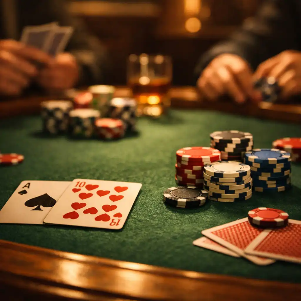Elegancki stół pokerowy z kartami i żetonami jako rekwizytami