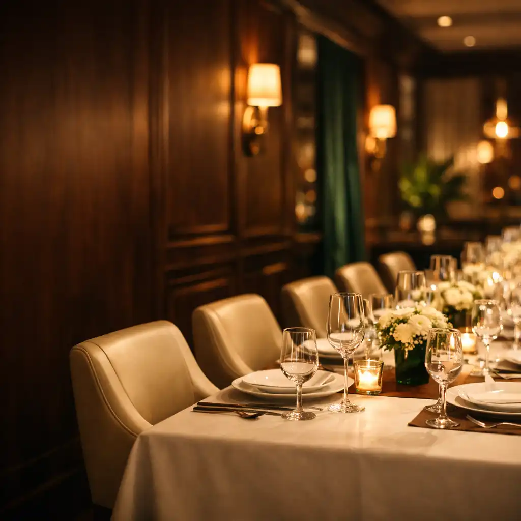 Elegancka sala restauracji Vuqene Rano z ciemnym drewnem orzechowym, kremowymi fotelami i szmaragdowymi akcentami